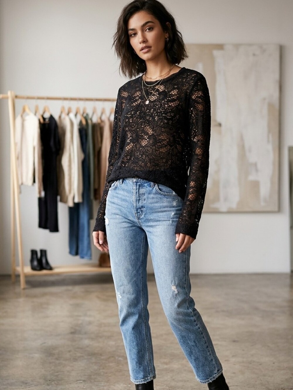 IRO Paris Black Open-knit Crochet Mesh  Long Sleeve Top W/ Floral Design Luxury